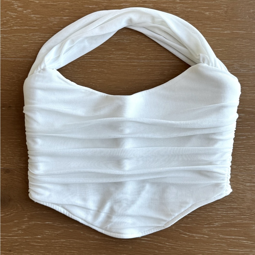 White Ruched Halter Crop Top